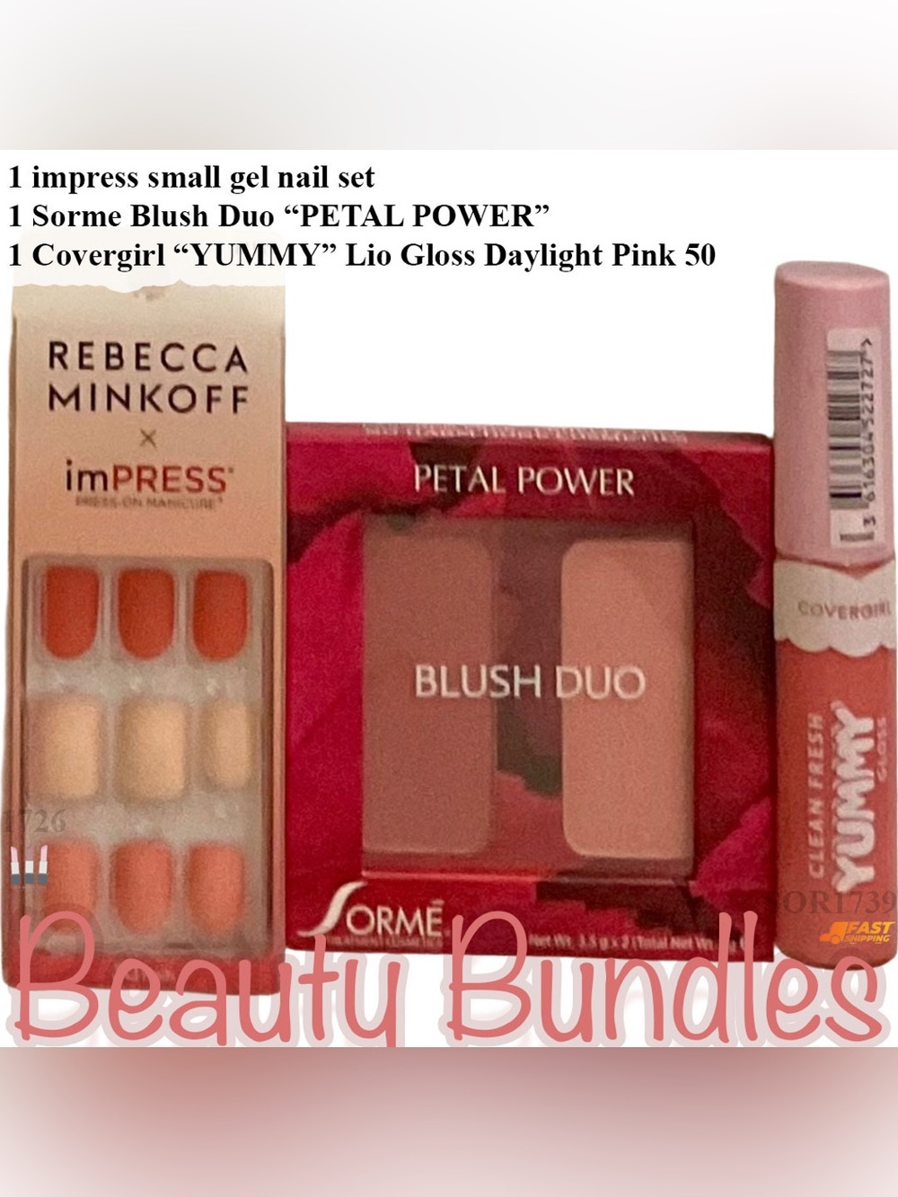 Beauty Bundle. Press Ons, Blush, Lipgloss